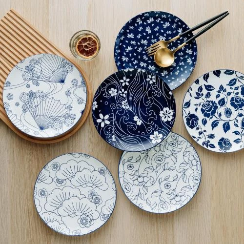 Zoom sur Assiettes en porcelaine bleu, lot de 6, grandes, polyvalentes