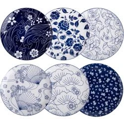 Assiettes en porcelaine bleu, lot de 6, grandes, polyvalentes