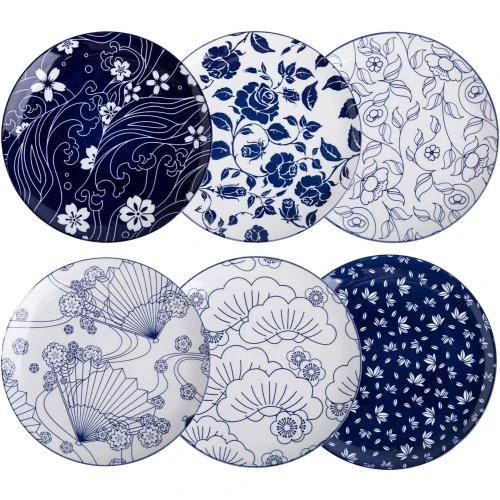 Assiettes en porcelaine bleu, lot de 6, grandes, polyvalentes - Vue principale