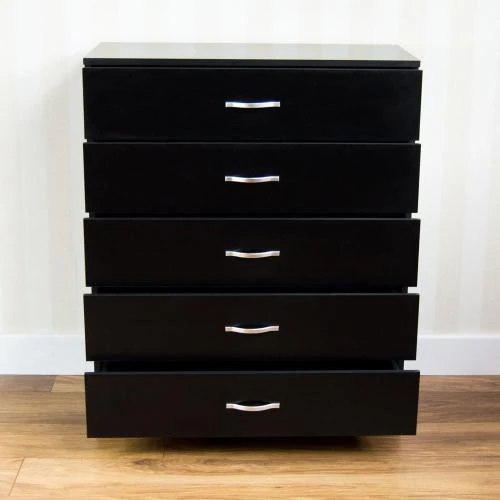 Détail de Vida Designs Commode 5 Tiroirs Noir Rangement Bois