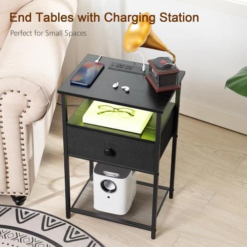 Zoom sur Tables d'appoint LED, tiroir tissu, étagère, LOAKEKEL