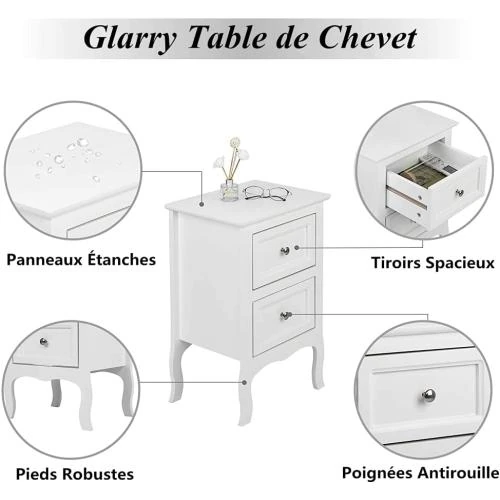 Zoom sur Table de Chevet Blanc GLARRY, Lot de 2, 2 Tiroirs
