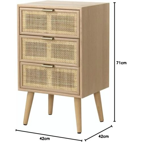Zoom sur Commode 3 Tiroirs Cannage Rotin Naturel, Design Élégant
