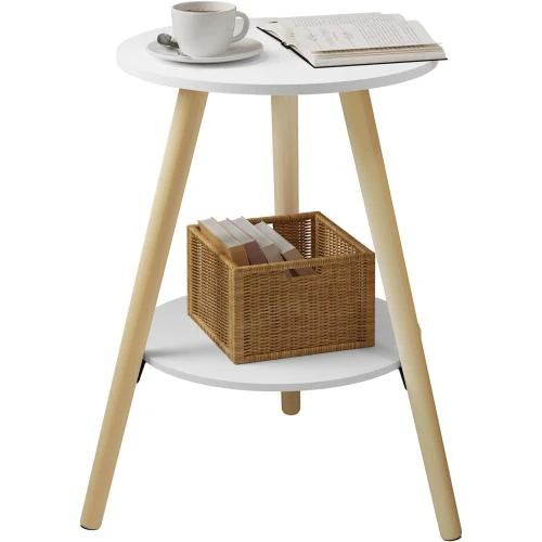 Table Basse Ronde EUGAD, Bois Massif, 2 Étagères, Blanche - Vue principale