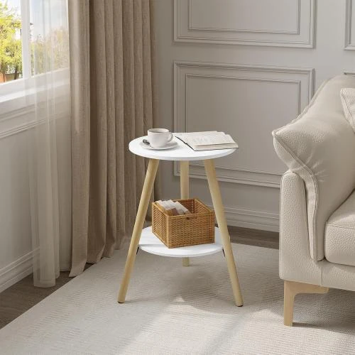 Zoom sur Table Basse Ronde EUGAD, Bois Massif, 2 Étagères, Blanche
