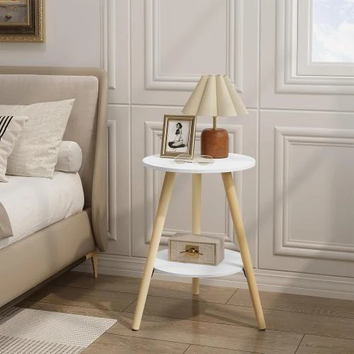 Détail de Table Basse Ronde EUGAD, Bois Massif, 2 Étagères, Blanche