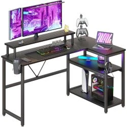 Bureau d'angle L, support écran, étagère rangement, fibre
