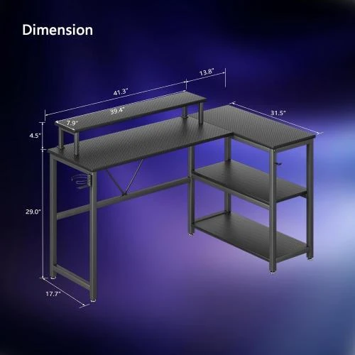 Zoom sur Bureau d'angle L, support écran, étagère rangement, fibre