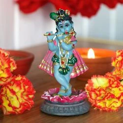Sculpture tridimensionnelle Krishna, poupée idole colorée, lotus en situation