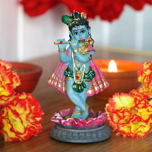 Détail de Sculpture tridimensionnelle Krishna, poupée idole colorée, lotus