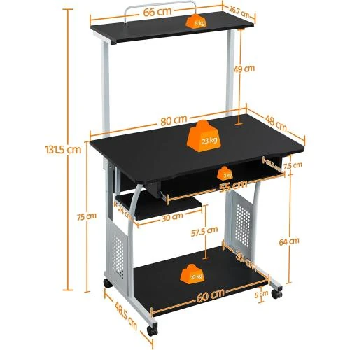 Zoom sur Bureau Informatique Noir, Tablettes Rangement, Roulettes