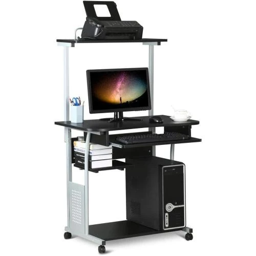 Bureau Informatique Noir, Tablettes Rangement, Roulettes - Vue principale