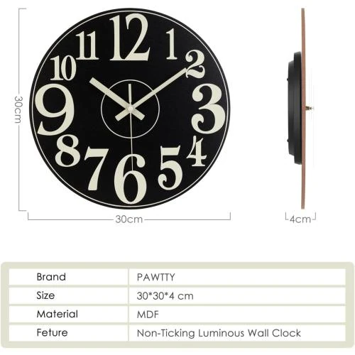 Zoom sur Horloge murale lumineuse silencieuse PAWTTY, bois marron foncé