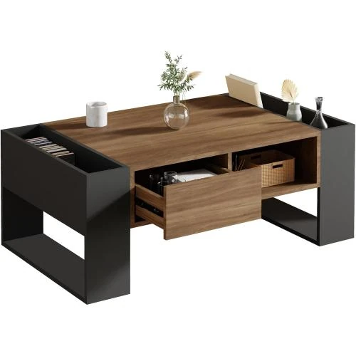 Table Basse Bois, Tiroir, Rangement Ouvert, Style Industriel - Vue principale