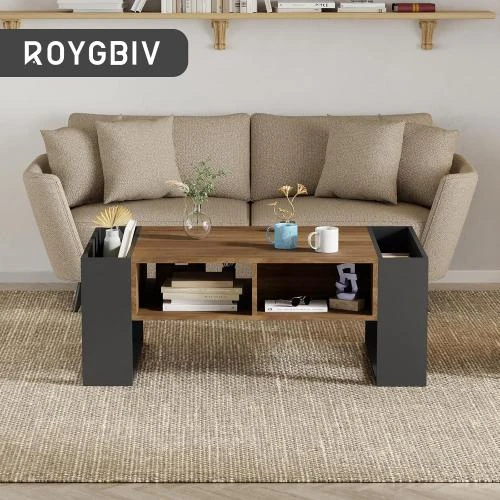 Détail de Table Basse Bois, Tiroir, Rangement Ouvert, Style Industriel