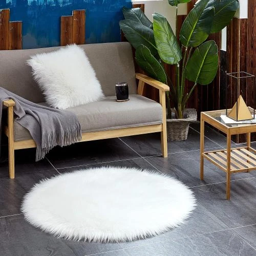 Détail de Tapis Fausse Fourrure Blanc Rond Moelleux Chambre Salon