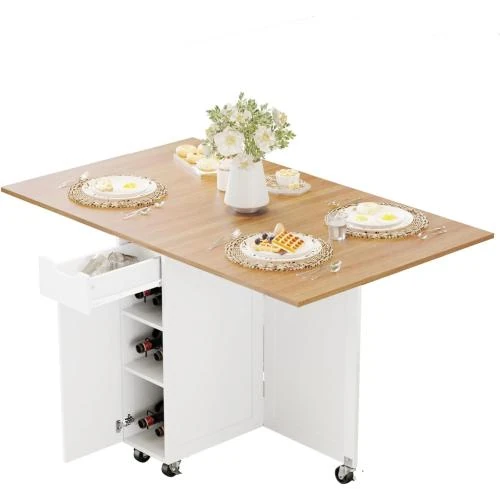 Table salle à manger pliante, tiroir, rangement, marron clair - Vue principale
