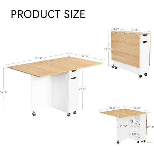 Zoom sur Table salle à manger pliante, tiroir, rangement, marron clair