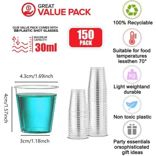 Détail de Verres à Liqueur Plastique 150 Pièces, Réutilisables, Transparent