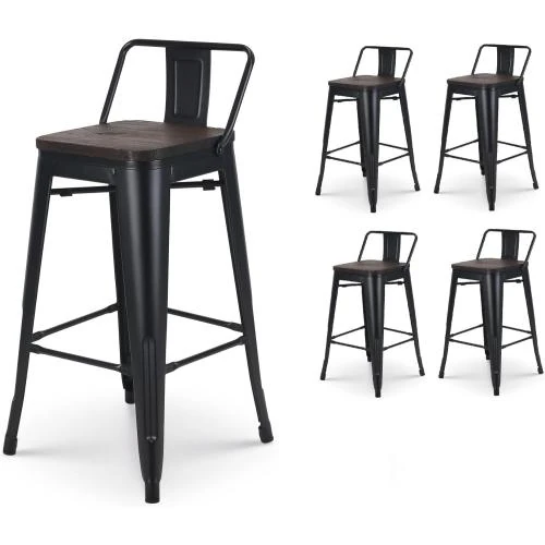 Tabourets de Bar Métal Noir Mat, Style Industriel, Dossier, Bois Foncé - Vue principale