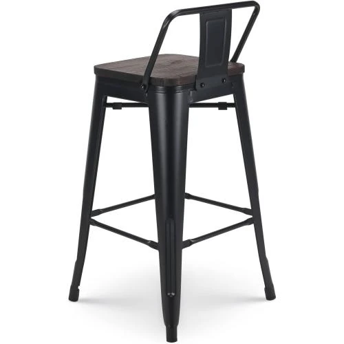 Zoom sur Tabourets de Bar Métal Noir Mat, Style Industriel, Dossier, Bois Foncé