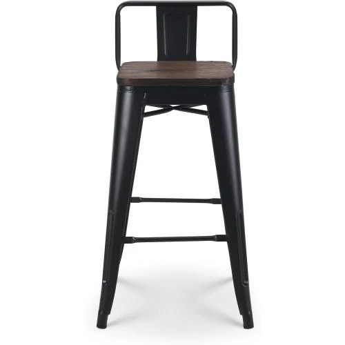 Détail de Tabourets de Bar Métal Noir Mat, Style Industriel, Dossier, Bois Foncé