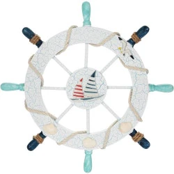 Roue de Bateau Nautique Bois Fangoo, Décoration Murale Blanc, Bleu