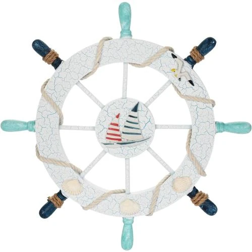 Roue de Bateau Nautique Bois Fangoo, Décoration Murale Blanc, Bleu - Vue principale