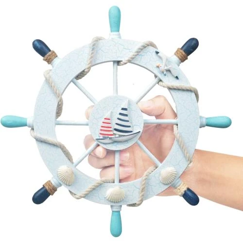 Zoom sur Roue de Bateau Nautique Bois Fangoo, Décoration Murale Blanc, Bleu