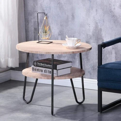 Détail de Table Basse Ronde Bois Scandinave, Design Deux Niveaux, Marron