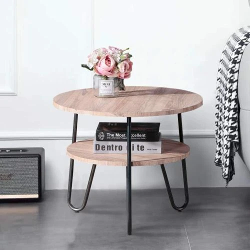 Table Basse Ronde Bois Scandinave, Design Deux Niveaux, Marron - Vue principale