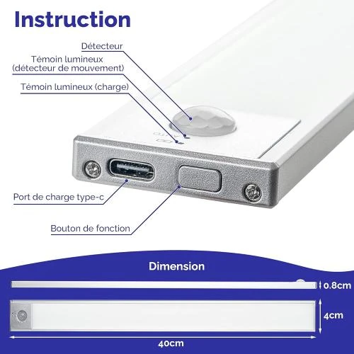 Détail de Lampe LED Rechargeable, Détecteur Mouvement, 6000K, Dimmable