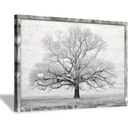 Décoration murale arbre hiver, impression bois naturel, cadre rustique