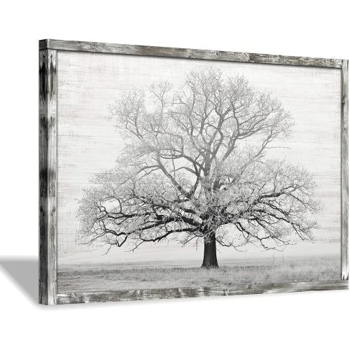 Décoration murale arbre hiver, impression bois naturel, cadre rustique - Vue principale