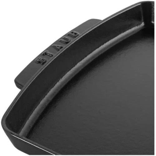 Zoom sur Assiette Fonte STAUB, Support Bois, Rectangulaire, Noir Mat