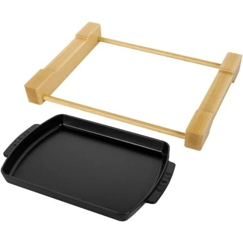 Détail de Assiette Fonte STAUB, Support Bois, Rectangulaire, Noir Mat