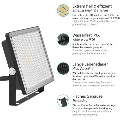 Détail de Projecteur jardin LED FLIN, 2 pièces, noir, IP66, 837lm