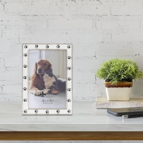Zoom sur Cadre photo métal argenté, émail blanc, empreintes pattes