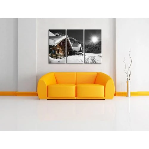 Détail de Cabanes enneigées Alpes, toile 3 pièces, art mural