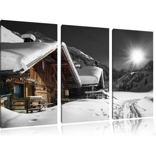 Cabanes enneigées Alpes, toile 3 pièces, art mural - Vue principale