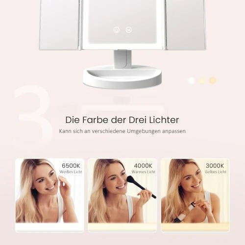 Zoom sur Miroir cosmétique LED pliable, grossissant 2,5X, 3 couleurs