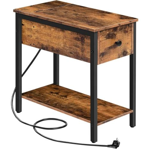 Table d'Appoint Hoobro, Charge USB, Tiroir, Marron Rustique - Vue principale