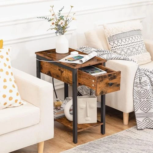 Détail de Table d'Appoint Hoobro, Charge USB, Tiroir, Marron Rustique