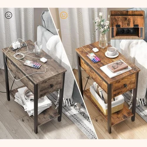 Zoom sur Table d'Appoint Hoobro, Charge USB, Tiroir, Marron Rustique