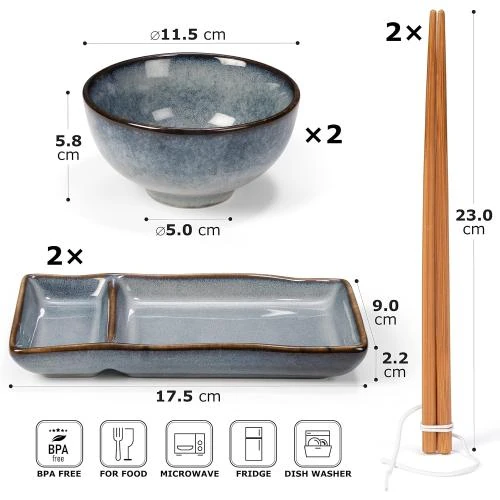 Détail de Set sushi Misaki gris bleu, assiettes, bols, baguettes