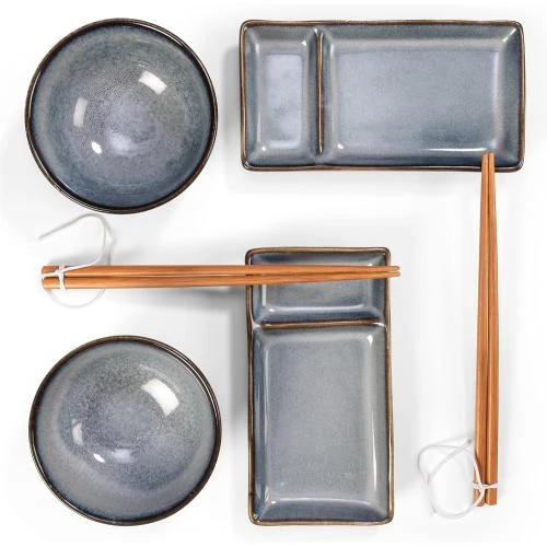 Zoom sur Set sushi Misaki gris bleu, assiettes, bols, baguettes