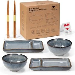 Set sushi Misaki gris bleu, assiettes, bols, baguettes