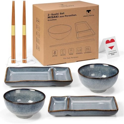 Set sushi Misaki gris bleu, assiettes, bols, baguettes - Vue principale