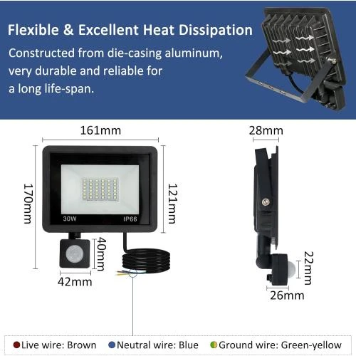 Zoom sur Caldarax Projecteur LED Extérieur 30W, Détecteur Mouvement, 3000LM