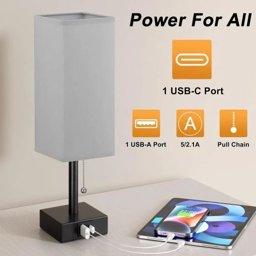 Détail de Lampe de Chevet Kakanuo avec Ports USB - Idéale pour Chambre et Salon